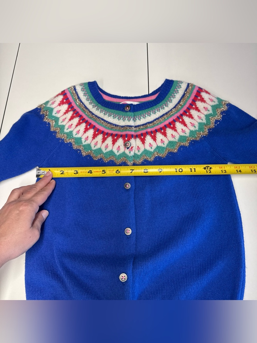 Mini Boden Girls' Fair Isle Sweater Cardigan Sz 8-9y Cobalt Blue Nordic Classic - Picture 5 of 9
